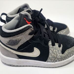 Nike Kids Air Jordan 1 Black and Cream Mid Sneakers Elephant Print